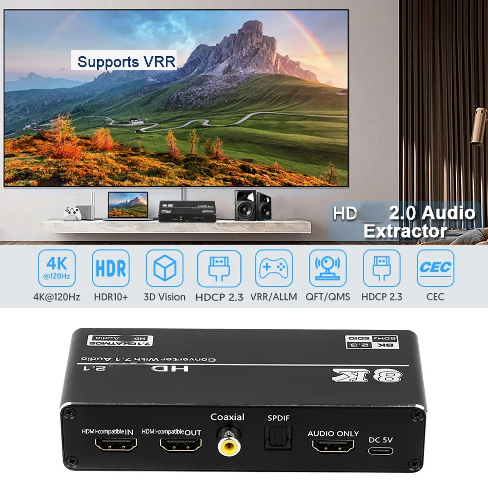 4K 120 هرتز 8K 60 هرتز HDMI-متوافق 2.1 مستخرج الصوت HDCP 2.3 مقسم صوت محول محول الفيديو استقبال لتلفزيون PS5 Xbox