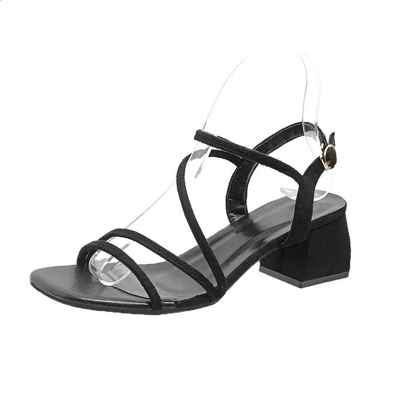 Buckle Strap Med Low Sandals Woman Leather Clear Heels Suit Female Beige Summer Shoes Medium Low-heeled Black Gladiator Ankle Gi
