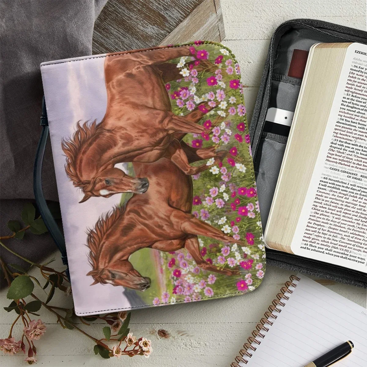 

Running Horse Art Pattern Print Ladies Handbag PU Leather Christian Bible Bag Portable Bible Storage Box Custom Bible Cover Case