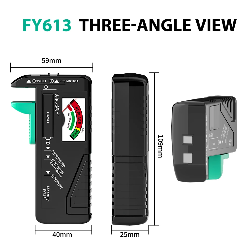 Penguji Baterai Universal MASTFUYI AA/AAA/C/D/9V/1.5V, Meter Penanda Warna Indikator Tegangan, Pemeriksa Daya