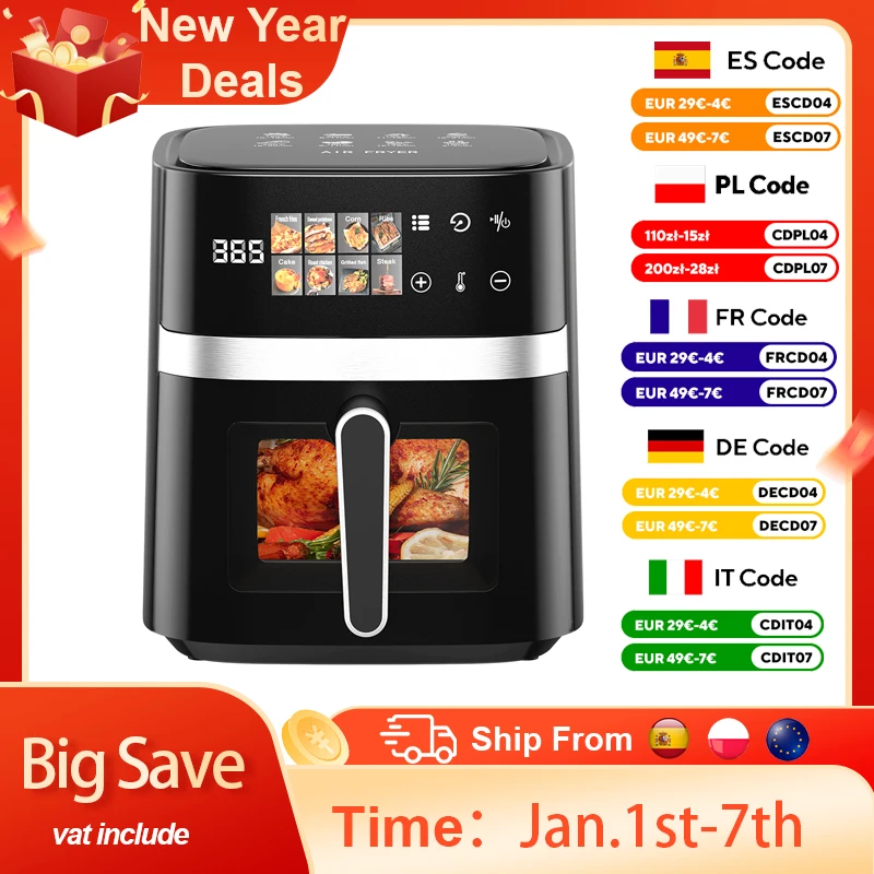 Patbrela Friteuse à air 5,5 L Four chaud électrique 8 en 1 avec écran LED numérique Fenêtre visible Max 200 ° C 1350W Nouvelle Friteuse No Graisse Noire