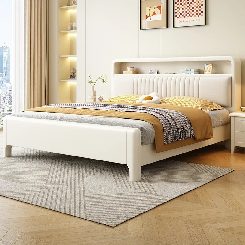 Cream wind white solid wood bed 1.2m single 1.5m soft rest 1.8m double master bedroom light luxury storage night light bed
