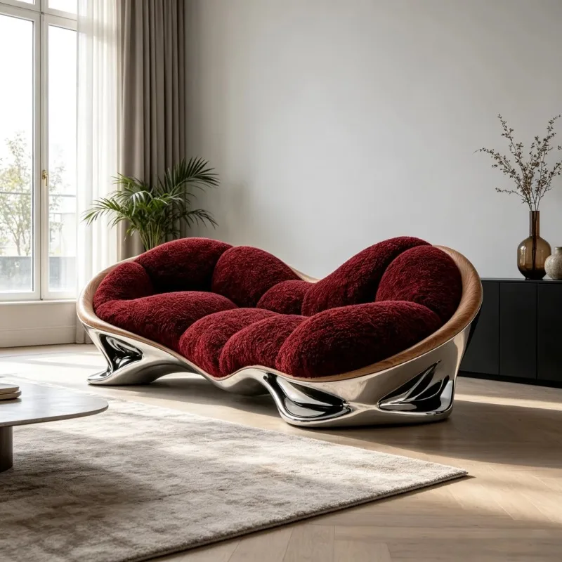 Red fluffy plush curved home sofa, wood grain fiberglass trim, smooth mirror support feet,suitable fo interior decoration