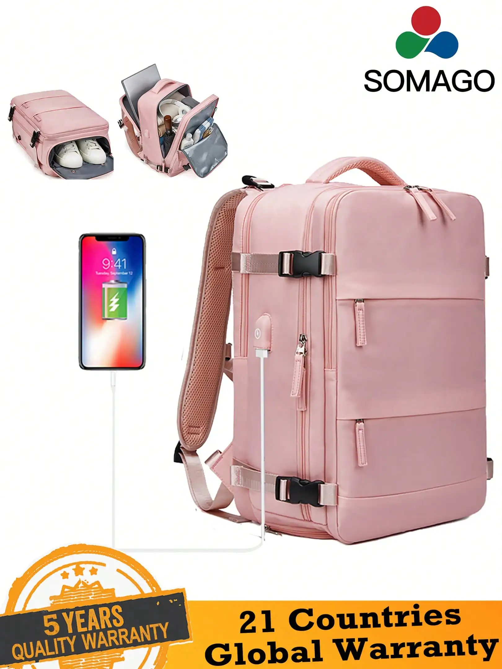 SOMAGO Travel Backpack Unisex Carry On Casual Daypack Anti Theft For 16" Laptop Business With Shoe Compartment, Dry Wet Pocket & USB Port