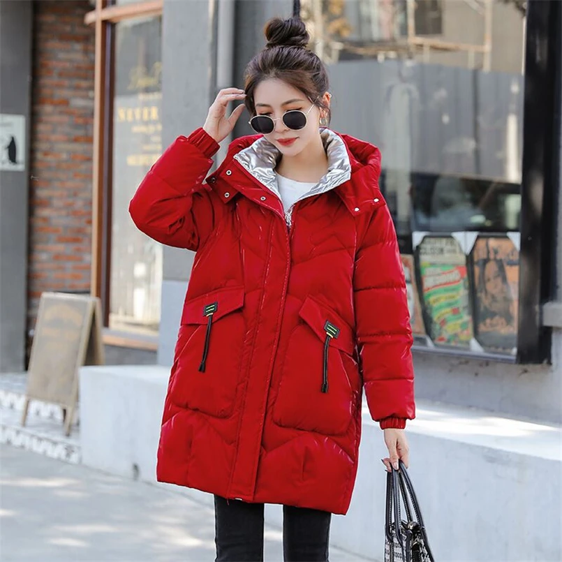 Pure Colors Hooded Long Parkas With Pocket Women Thick Down Cotton Coat Female Casual Loose Puffer Jacket Overcoat 2024 Winter