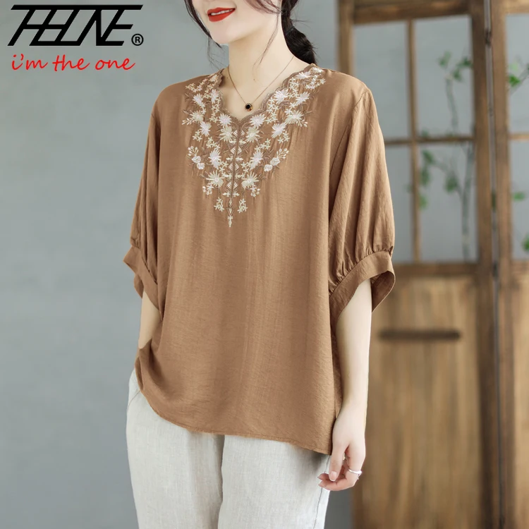 THHONE Moda Verão Mulheres Camiseta 2025 Bordado Impressão Vintage Com Decote Em V Casual Estilo Chinês Solto Tops Roupas Femininas Camisetas