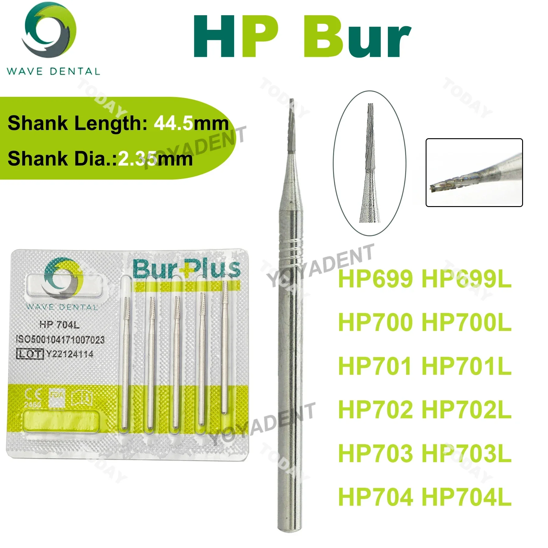 Fresa Dental ondulada, fresas de carburo de tungsteno, cabeza de fisura cónica, corte cruzado HP Dia.2.35mm para cono de nariz recta, pieza de mano,