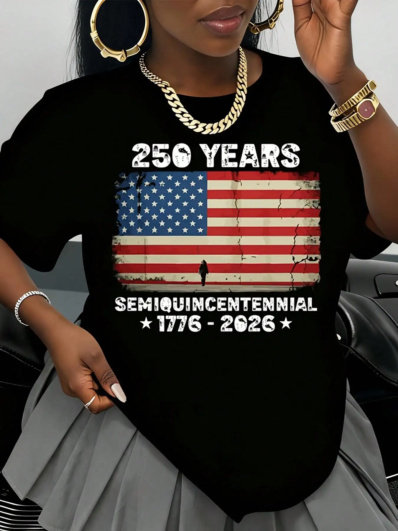 America 250 Liberty Bell We The People & 250 Years Semiquincentennial Flag Graphic T-Shirt Patriotic 4th of July Oversized Tops