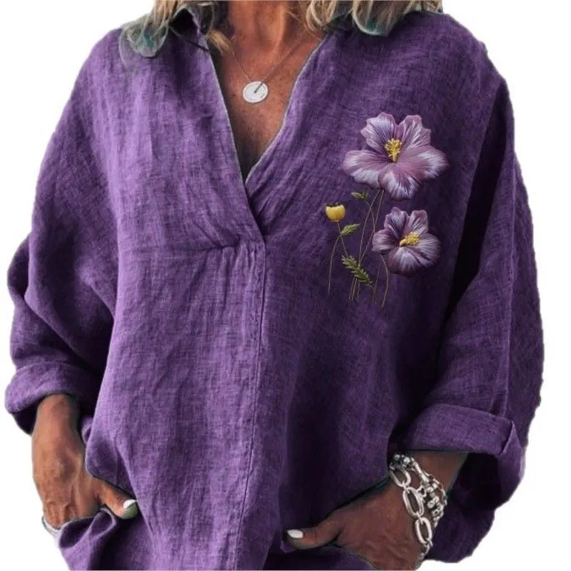 Dames casual los overhemd mode paars v-hals lange mouw trui shirts katoen linnen tops vakantie dameskleding zomer