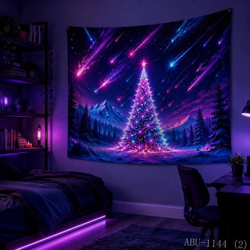 VIKAMA Neon Purple Blue Tree Meteor Rain Mountain Forest Starry Christmas Tapestry Bedroom Living Room Dorm Home Decor Boho Soft