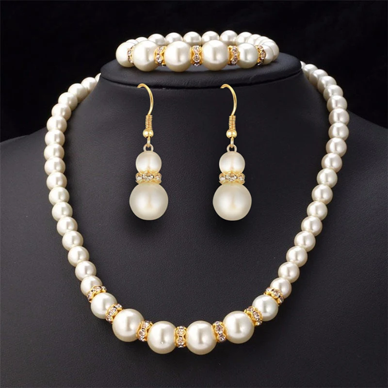 Hot Sale Set Elegant Simulated Pearl Necklace Earrings Bracelet Women Bridal Wedding Jewelry Gift