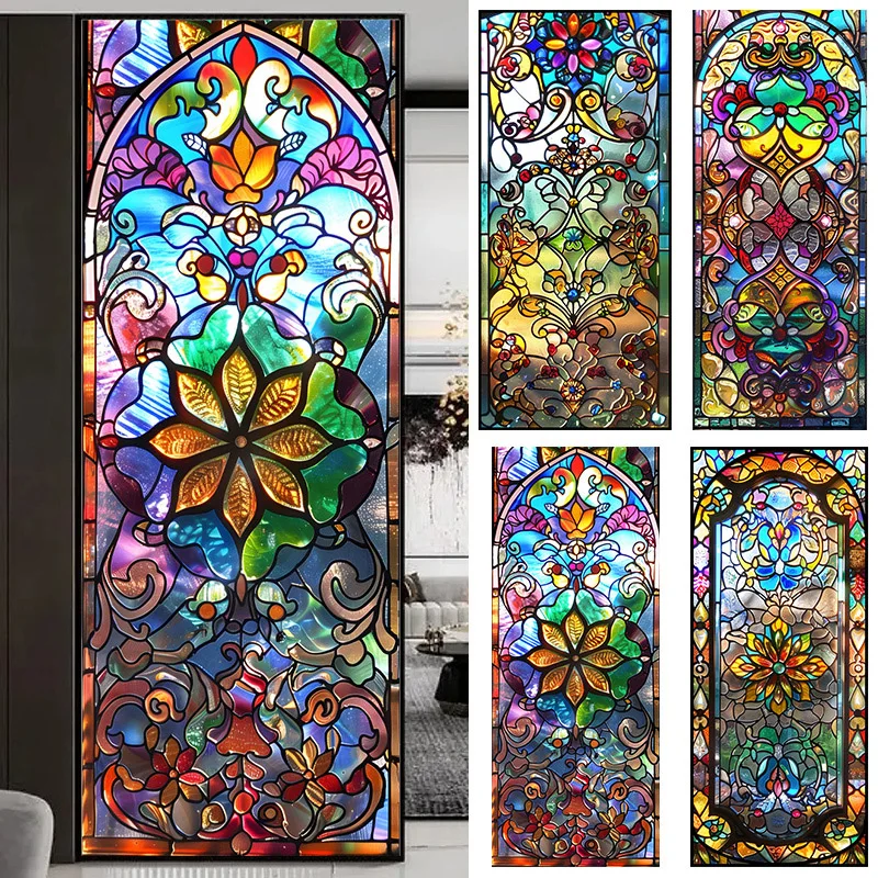 European Color Palace Wind Window Glass Film Retro Church Film Anti-peeping Electrostatic Scrub Stained Glass  Window Film