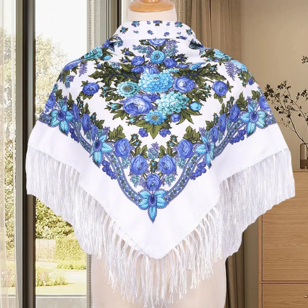 Russian Style Floral Print Square Scarf Women Ethnic Fringed Bandana Shawl Babushka Handkerchief Female Blanket Head Wraps