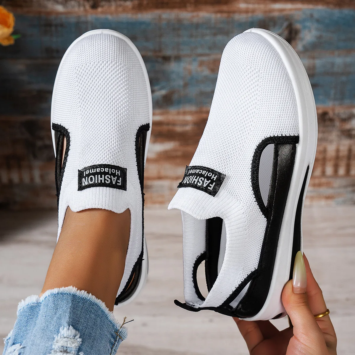 Hohle Slip-On-Plateau-Keilsneaker für Damen, atmungsaktiv, rutschfest, weiche Sohle, für den täglichen Gebrauch, bequeme Freizeitschuhe – Detail 7