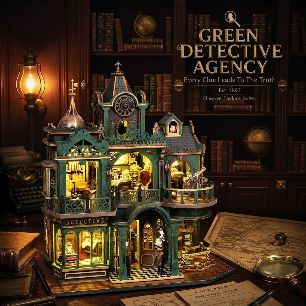 DIY Wooden Assembled Mini Detective Agency Model Bookshelf, Suitable for Ages 14+, 3D Wooden Puzzle, Wooden 3D Puzzle