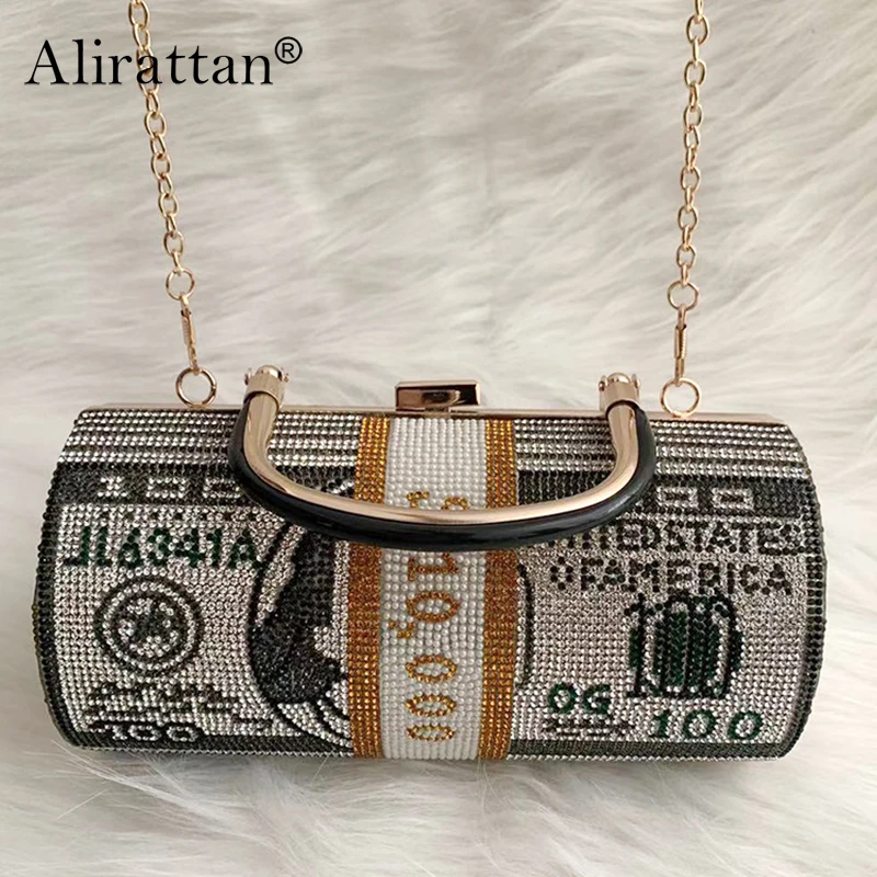 

Alirattan 2024 New Diamond-Encrusted Cylindrical Bag Messenger Shoulder Party Bag Fashion Dollar Hand-Held Evening Bag