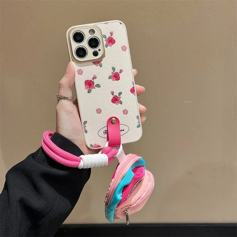 Fashion Silicone Phone Case for IPhone 15 14 13 12 11 Pro Max Plus 14Pro 15Pro IPones Rose Flower with Lanyard Neck Strap Cover