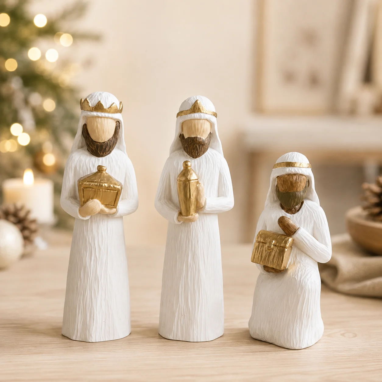FAMORVIA Christmas Gift Set - Handmade Faceless Resin Figurines with Golden Crown and Golden Gifts - Elegant White