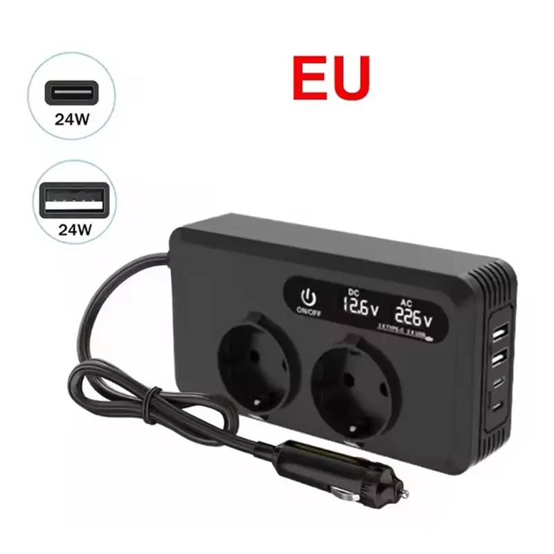 Car Inverter 200W With 2 USB And 2 Type-C Ports- Power Inverter Inver For Fast Charging In Vehicles EU Plug-AS55