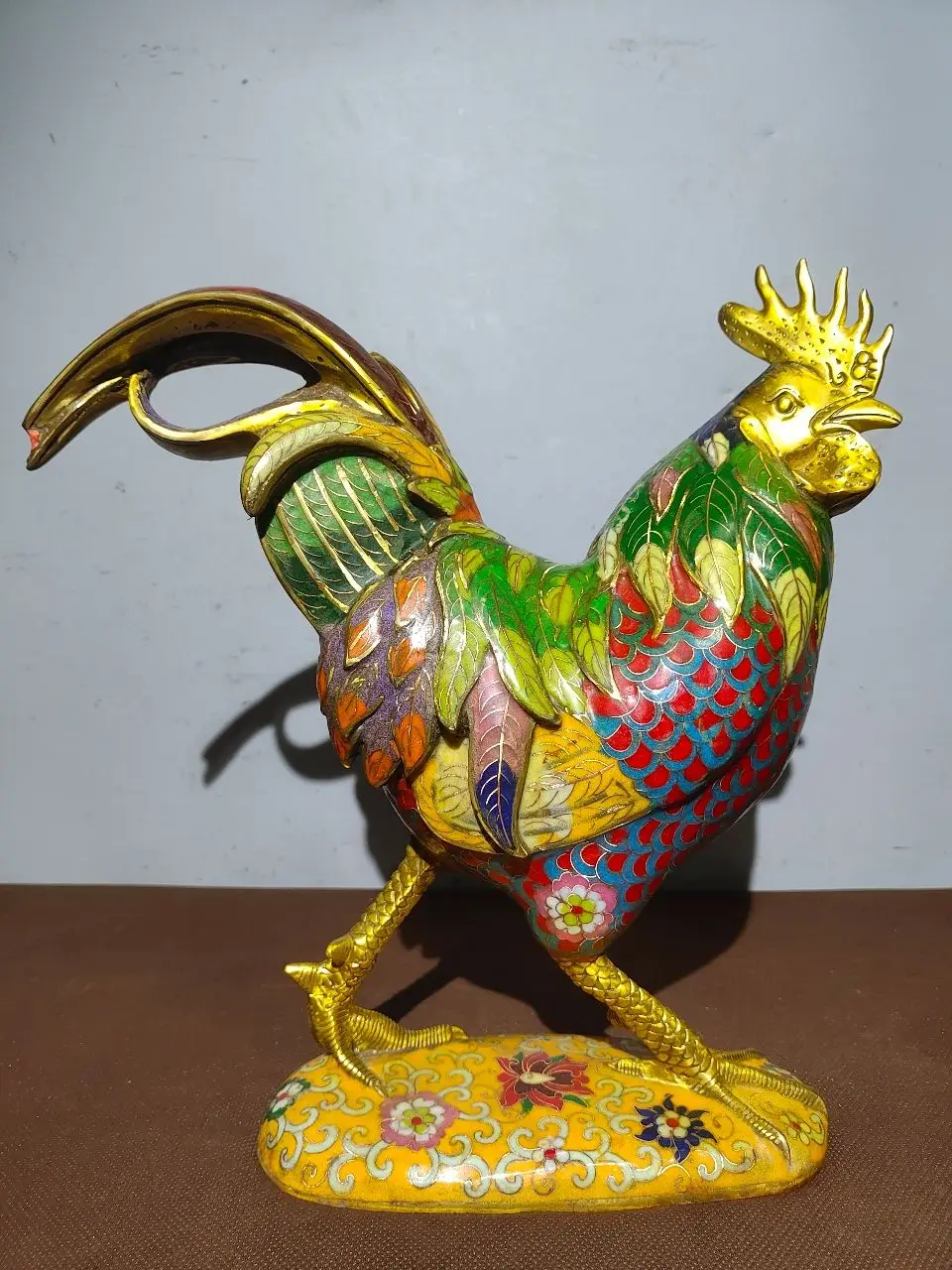 13"Tibetan Temple Collection Old Bronze Cloisonne Enamel Rooster Chicken independence Ornaments Amass wealth Town House