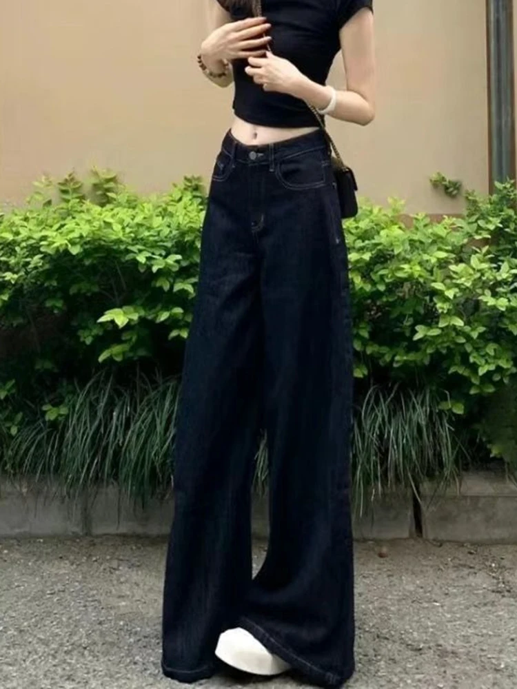 Y2K Wide Leg Pants Women Deep Blue Denim High Waist American Retro Loose Fit Slimming Straight Leg Floor Length Trousers