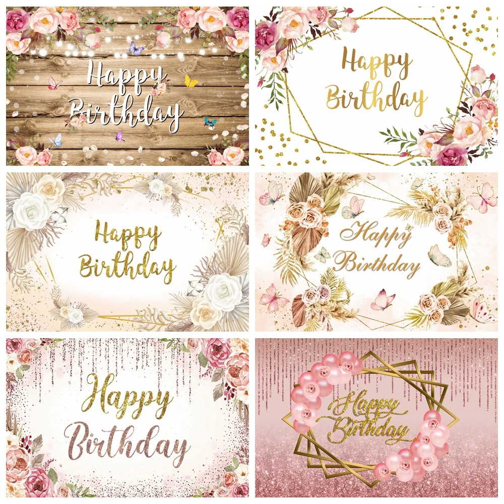 

Happy Birthday Backdrop For Photography Marble White Gold Frame Flowers Baby Shower Customize Name Poster Photo Background