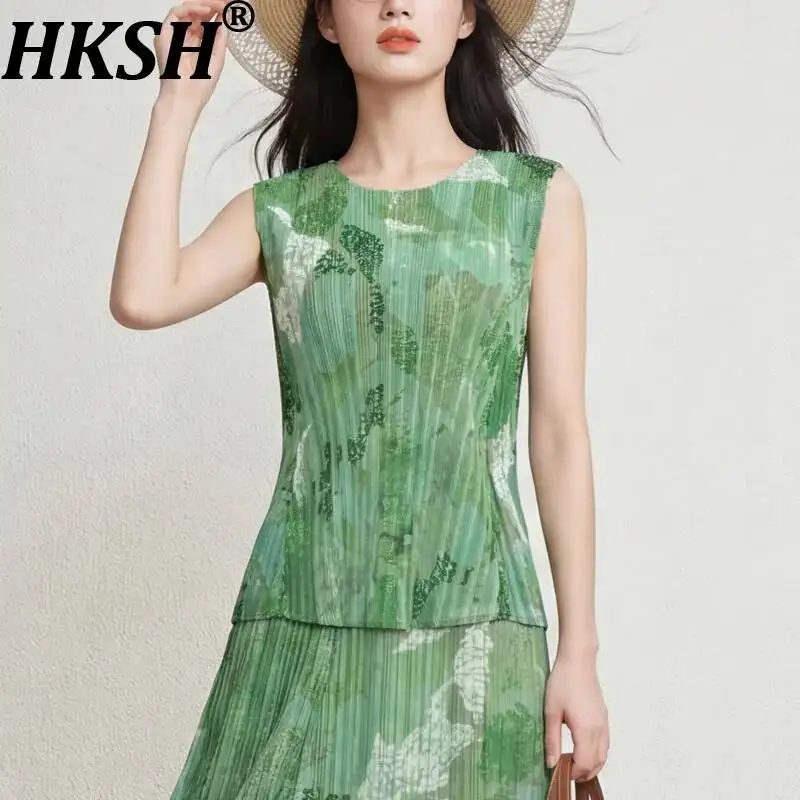 HKSH Women Casual Vest Printed Pleated O-neck Sleeveless Waist Cinching Slimming Elegant High Street Ins Tank Top Summer HK22810