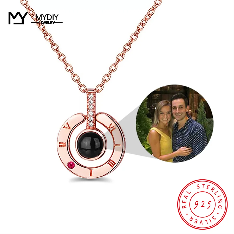 

925 Silver Custom Portrait Projection Necklace Round Jewelry Gift Personalized Mother's Day Gift Pendant Couple Necklace Clock