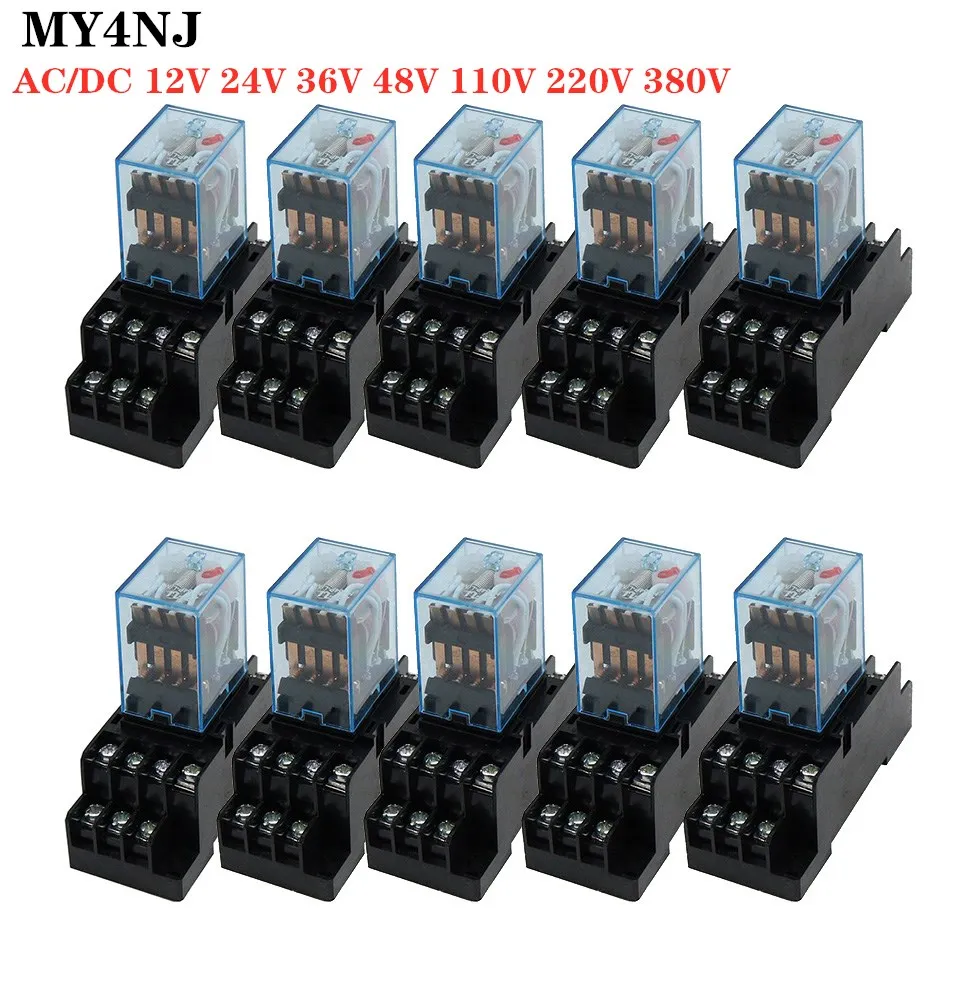 

10 set MY4NJ small Electromagnetic Power Relay 12V 24V 36V 48V 110V 220V 380V Coil 4NO 4NC DIN Rail 14 pins + Base Mini relay