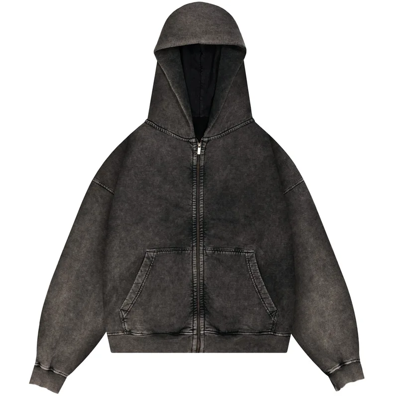 

Mens 380g Water Washed Vintage Hoodie Autumn Winter Thick Solid Color Tie Dye Cotton Jacket