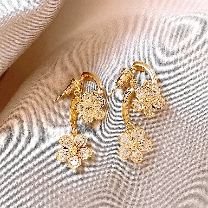 New  fashion jewelry 14K gold plated luxury zircon flowers before after wearing earrings elegant women's daily work accessories