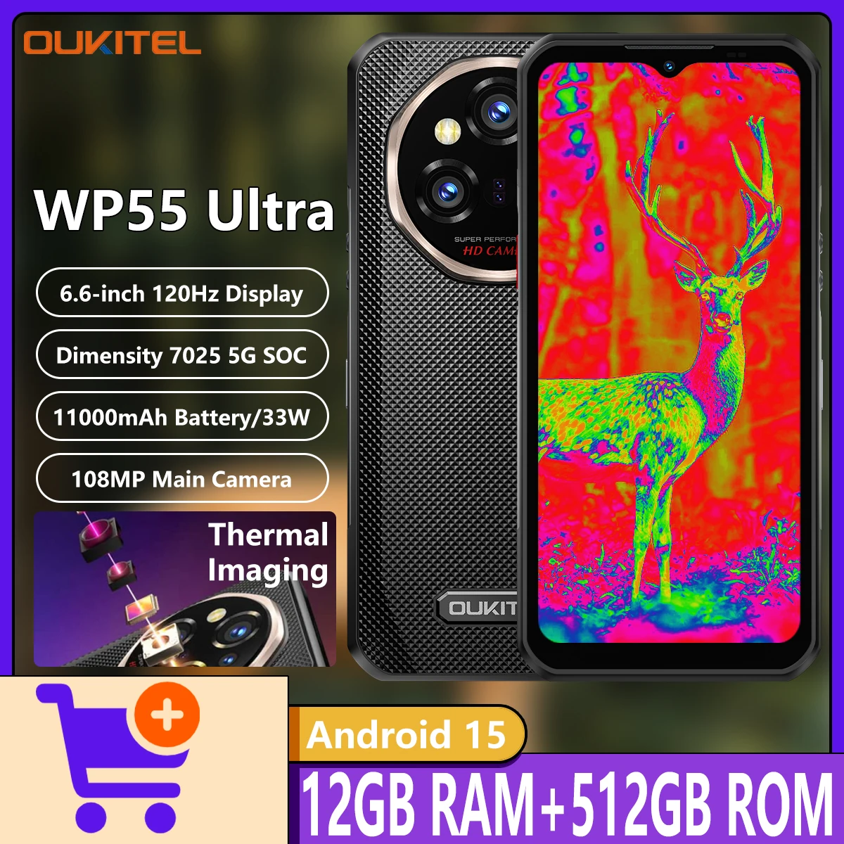 OUKITEL WP55 Ultra 5G Rugged Phone Android 15 Thermal Imaging Dimensity 7025 12GB+512GB 11000mAh 108MP 6.6
