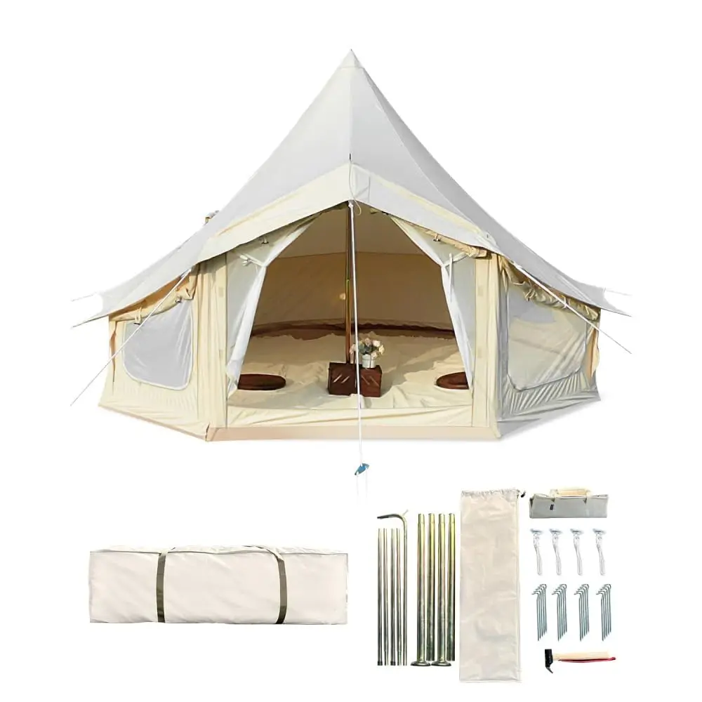 Canvas Bell Tent Screen House Tent Pop-Up for 2-10 People Portable Tent Camping Canopy with Vents Doors Carry Bag for Outdoor Ac