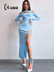 CNYISHE wydrążone seksowne klubowe sukienki damskie z długim rękawem moda Streetwear Slim scath Bodycon szaty zwykłe damskie