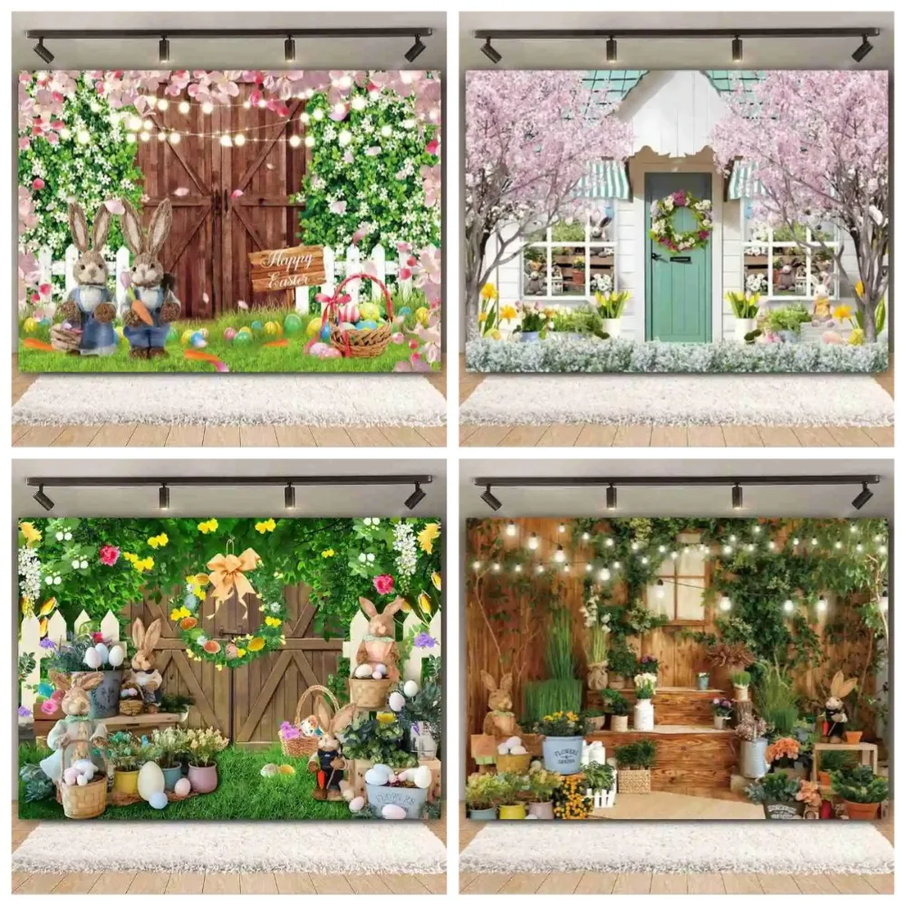 

Spring Easter shooting background, bunny flowers, wooden door, green grass, children's portrait decoration shooting background