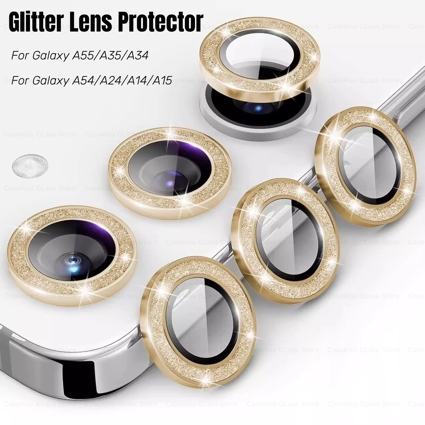 Shinny Glitter Ring+Lens Tempered Glass For Samsung Galaxy A55 A35 A54 A34 A14 A24 A15 Camera Protector Back Lens Cover Cap