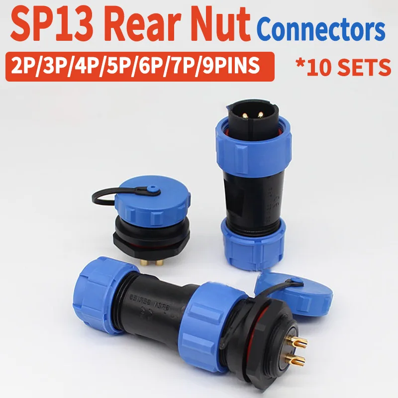 10sets SP13 Rear Nut Waterproof Connector IP68 2/3/4/5/6/7/9PIN Male Plug & Female Socket Panel Mount Wire Cable Connector