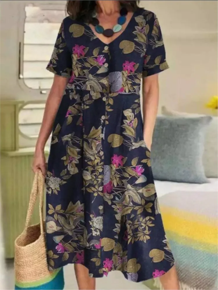 

Summer New Dress Women Bohemian Short Sleeve O-neck Casual Loose Vintage Floral Printed Party Dress Holiday Femme Clothing
