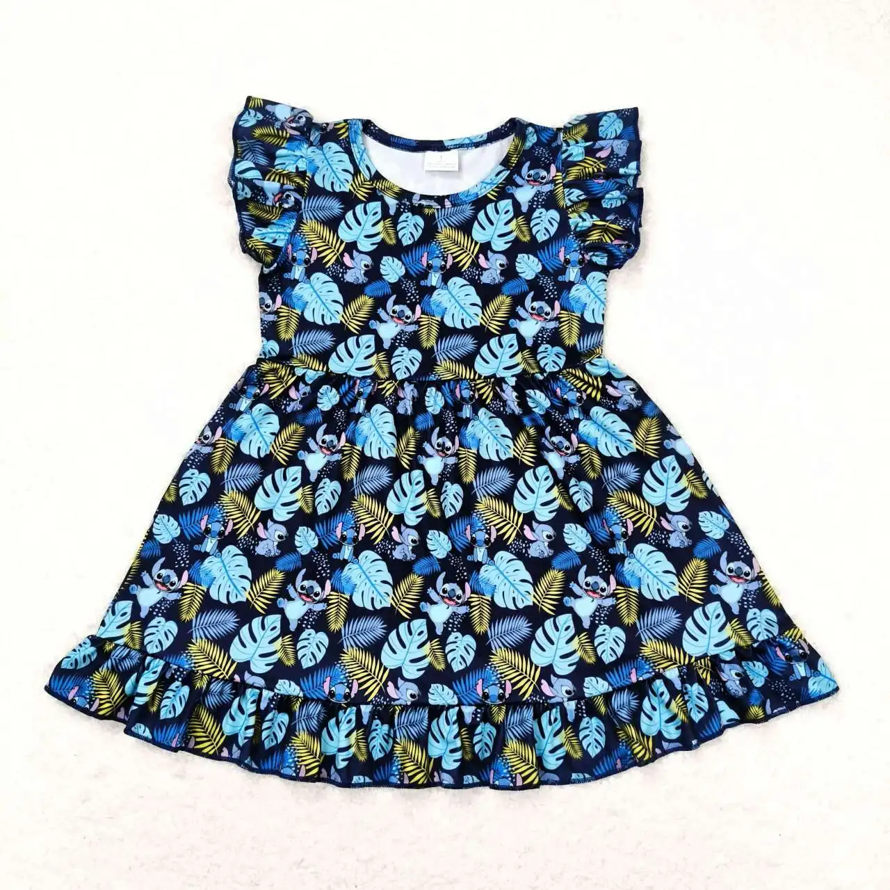 GSD0863 Fashionable And Good-Looking  Girls Dresses  Flying Sleeves Top Cartoon Stitch Leave  Print With  Dress Children Clothes