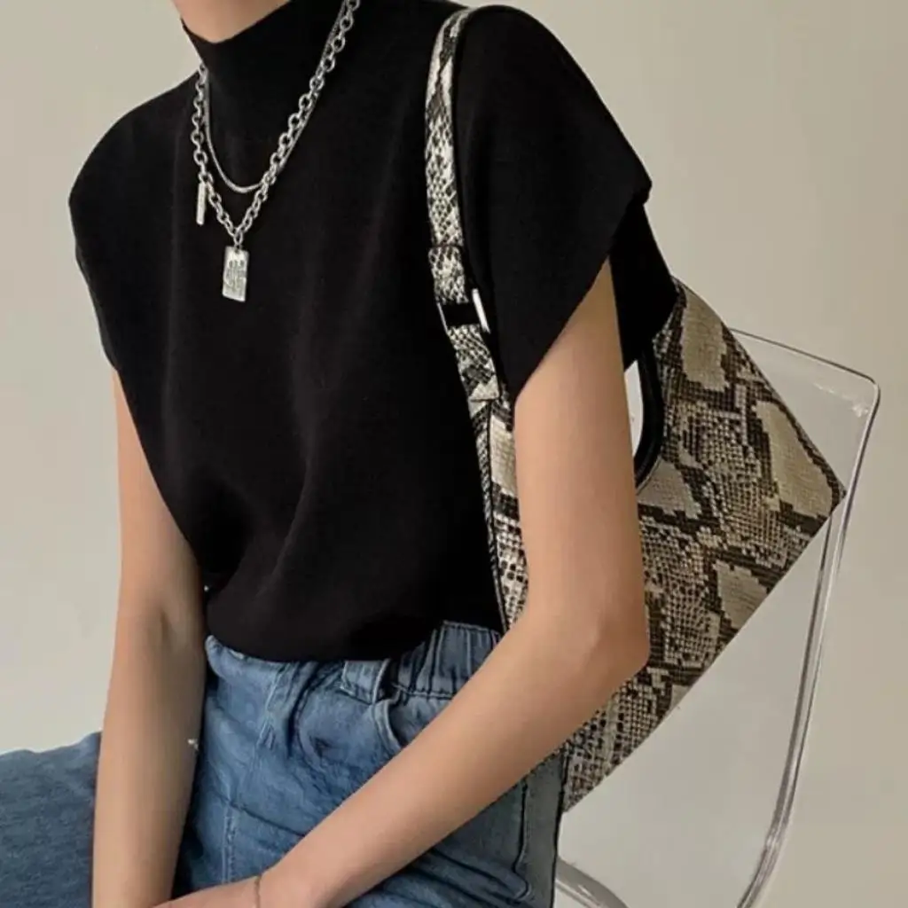 

Fashion Knitted Women's Sweater Vest Elegant Women Sleeveless Stand Up Collar Blouse All Match Jumper Casual Chic Pullovers Tops