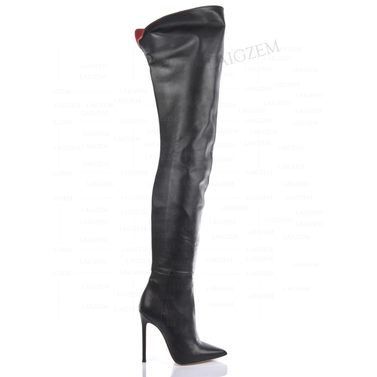 BERZIMER Women Thigh High Boots Faux Leather Thin High Heels Side Zip Over Knee Boots Ladies Shoes Woman Large Size 38 43 45 47