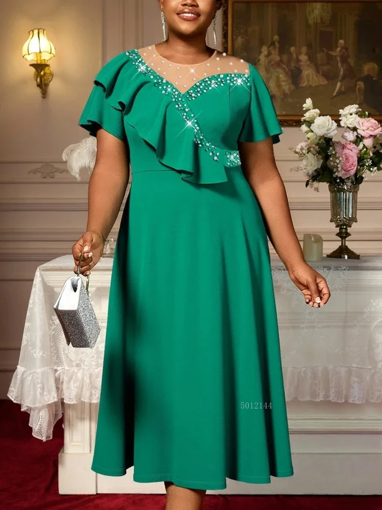 

2026 Women's Flowy Ruffle Midi A-Line Dress with Sheer Beaded Neck And Flutter Sleeve for Party Wedding Or Evening Celebrations