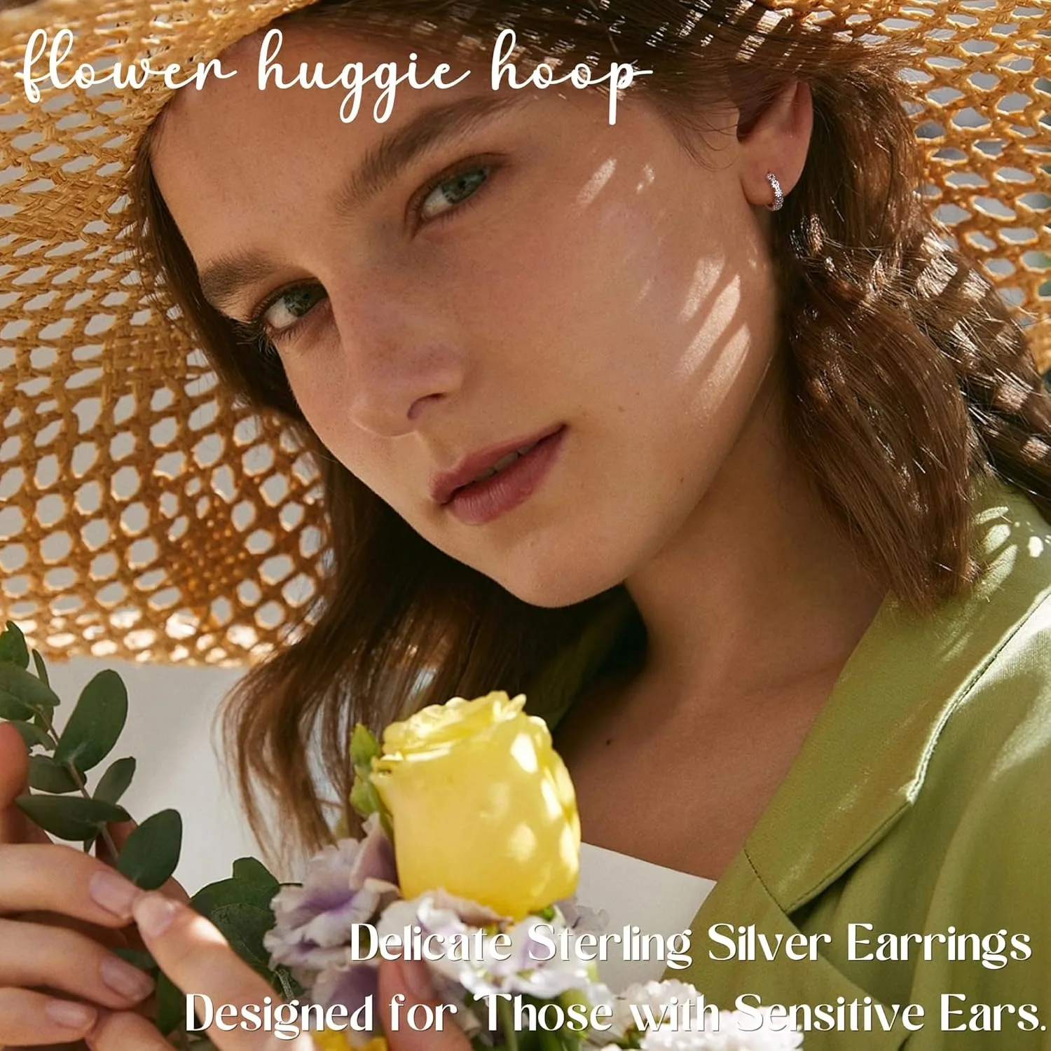 Fansilver 925 الاسترليني أقراط الحلقة الفضية للنساء ديزي هوجي هوب أقراط تمهيد الوردي مكعب زركونيا زهرة هيبوالرجينيك