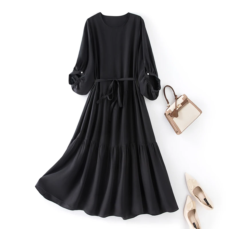 2023 Women's Fashion Summer New Silk Large Swing Round Neck Lantern Sleeve Mulberry Silk Black Round Neck Cake Dress