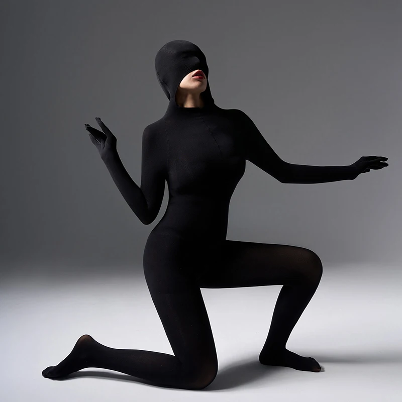 

Women Thermal Underwear 120D Velvet Head Encasement Bodysuit Long Sleeve Or Gloves Hooded Bodystocking Plus Size 85 Kg