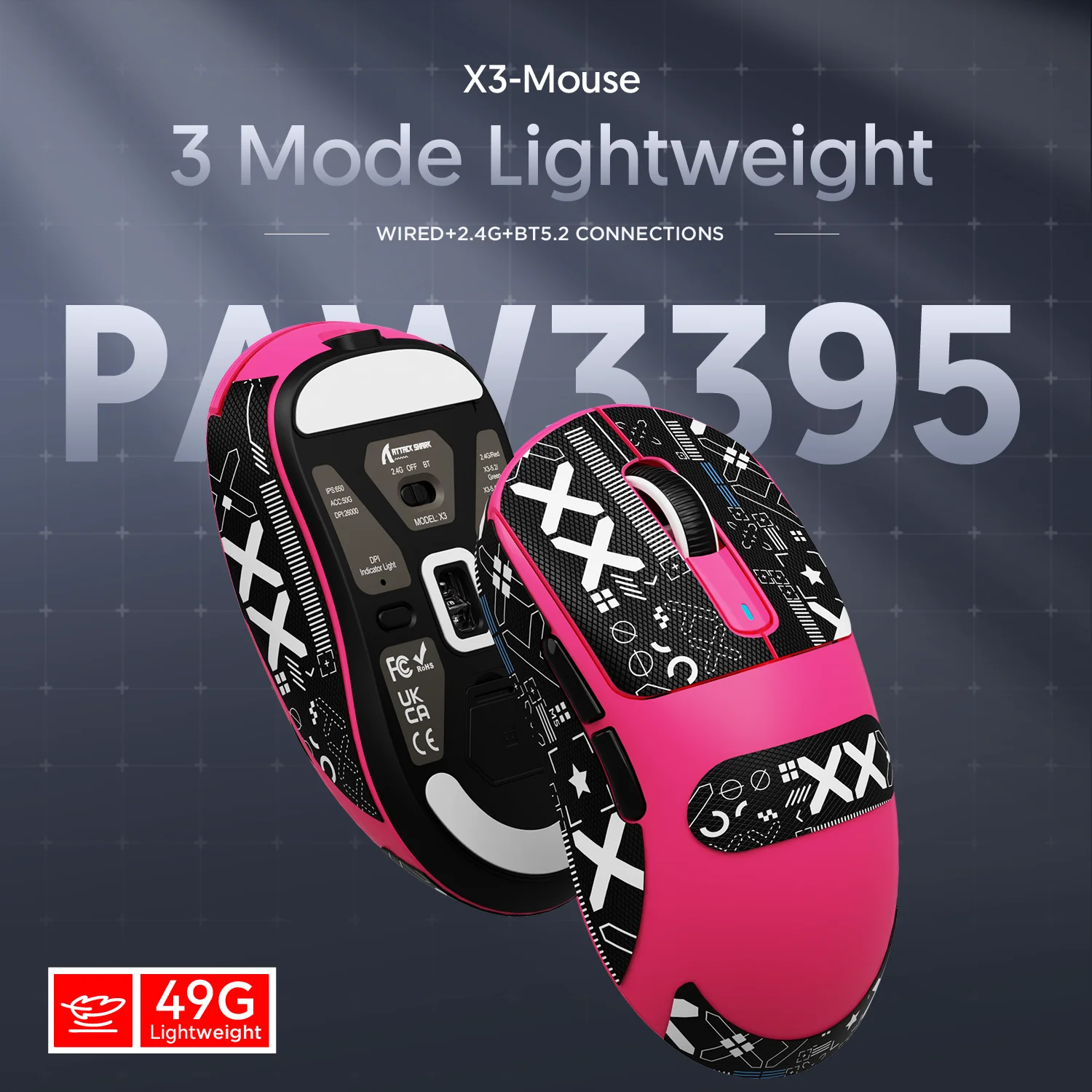 MAMBASNAKE X ATTACK SHARK X3 Tri-Mode Wireless Gaming Mouse 49g Lightweight PAW3395 26000DPI 1000 Hz Ergonomic For PC Gamer