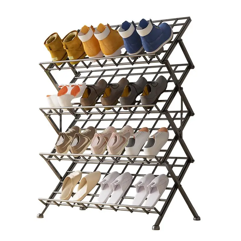 Foldable 4-Tier Black Metal Shoe Rack No Assembly Required Space Saving Shoe Storage Organizer For Entryway Living Room Shoe
