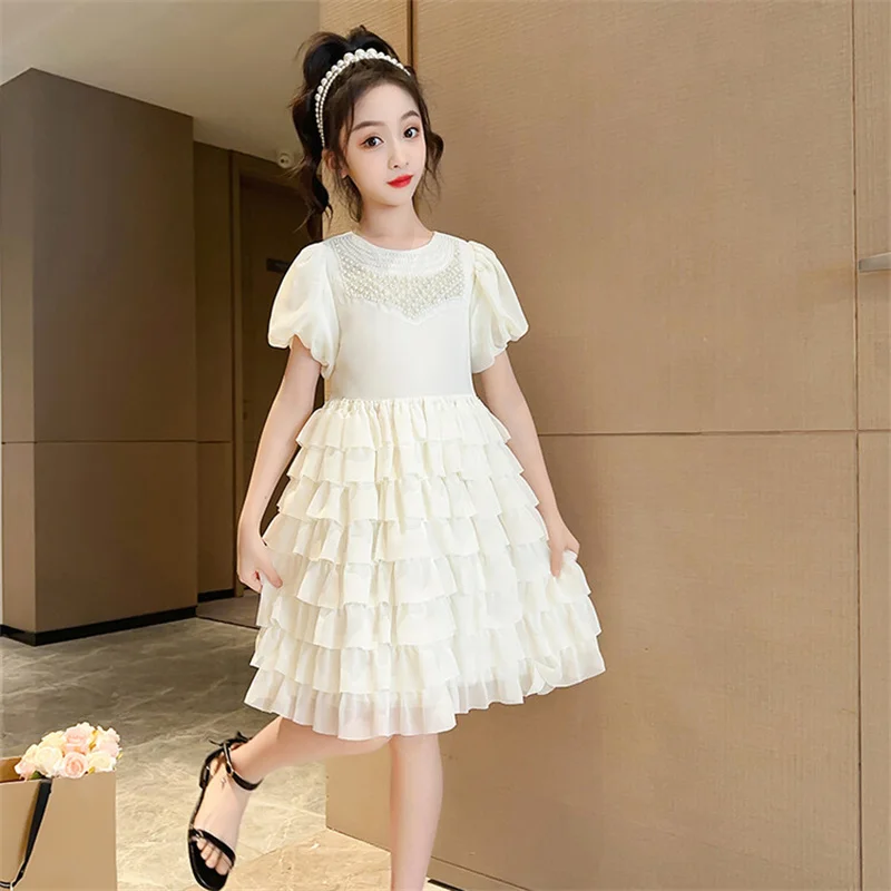 Girls Summer Dress 2024 New children\'s Princess Dress Pearl Cake dress Chiffon dress