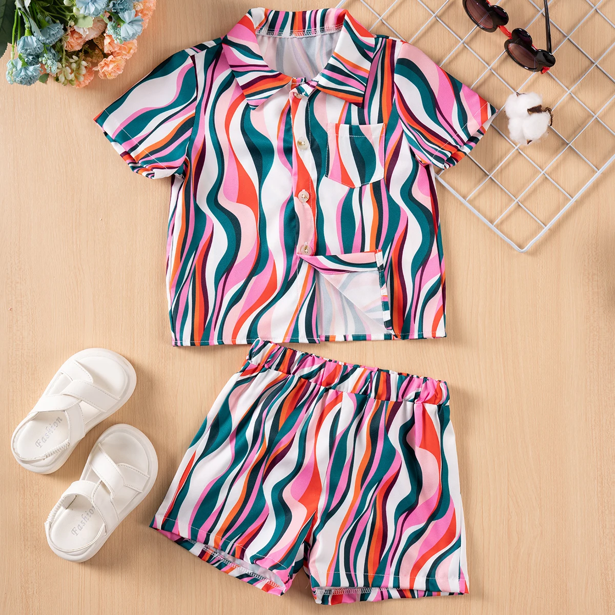 Summer New Irregular Striped Shirt Shorts Set Boys Girls Lapel Striped Short Sleeve Shirt Set Kids Shirt Set