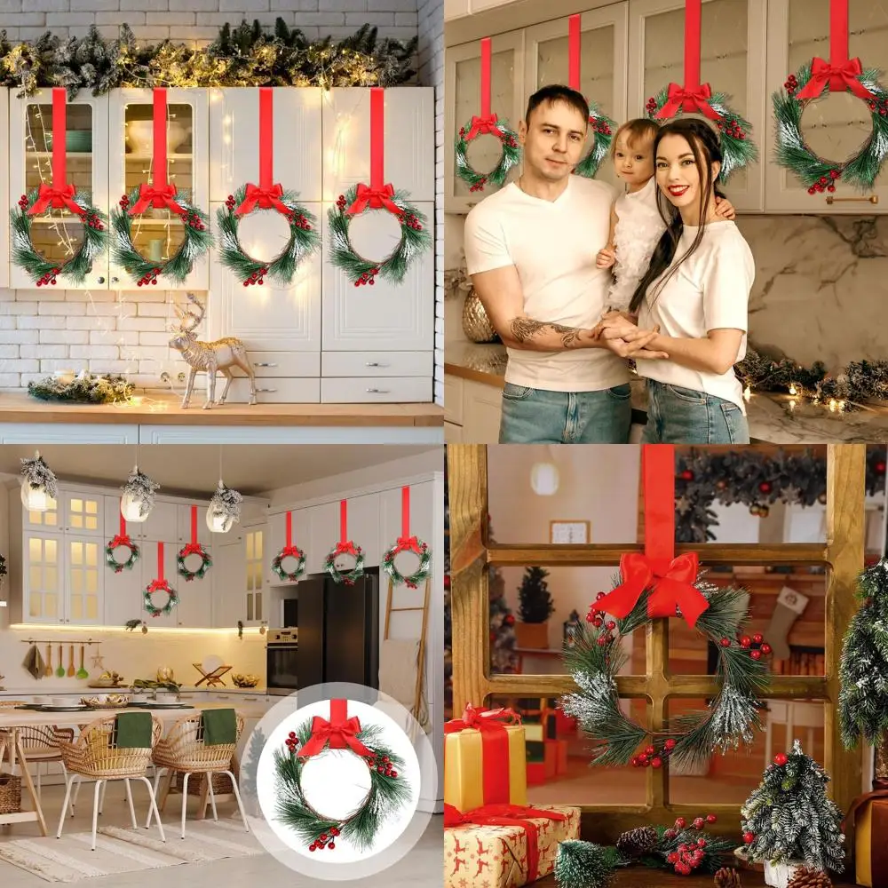 

Set of 18 Mini Christmas Wreaths with Red Berries for Kitchen, Window, and Door Decor (10 Artificial Green Leaves)